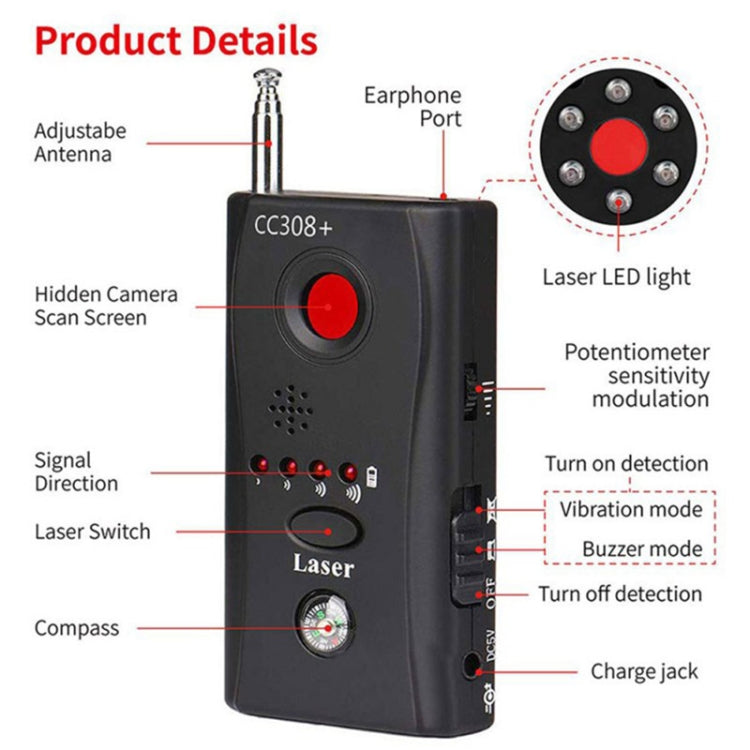 CC308+ Multi Wireless Camera Lens Detector Radio Wave Signal Detect Full-range RF GSM Device Finder CC308+ Multi Wireless Camera Lens Detector Radio Wave Signal Detect Full-range RF GSM Device Finder